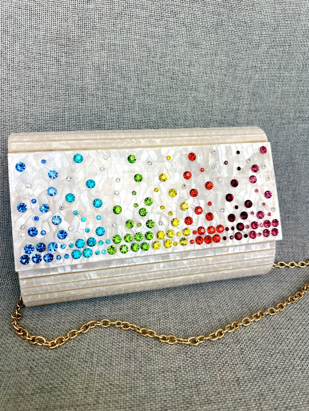 Kurt Geiger Party Clutch on chain Acrylic box mother of pearl rainbow crystals